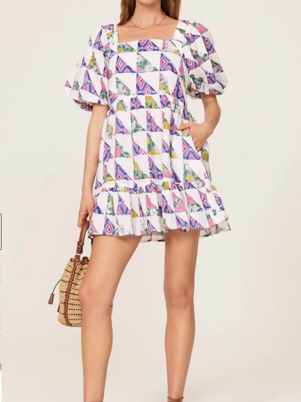 Banjanan Harley Patchwork Mini Dress Womens Small Puff Sleeve Boho Resort